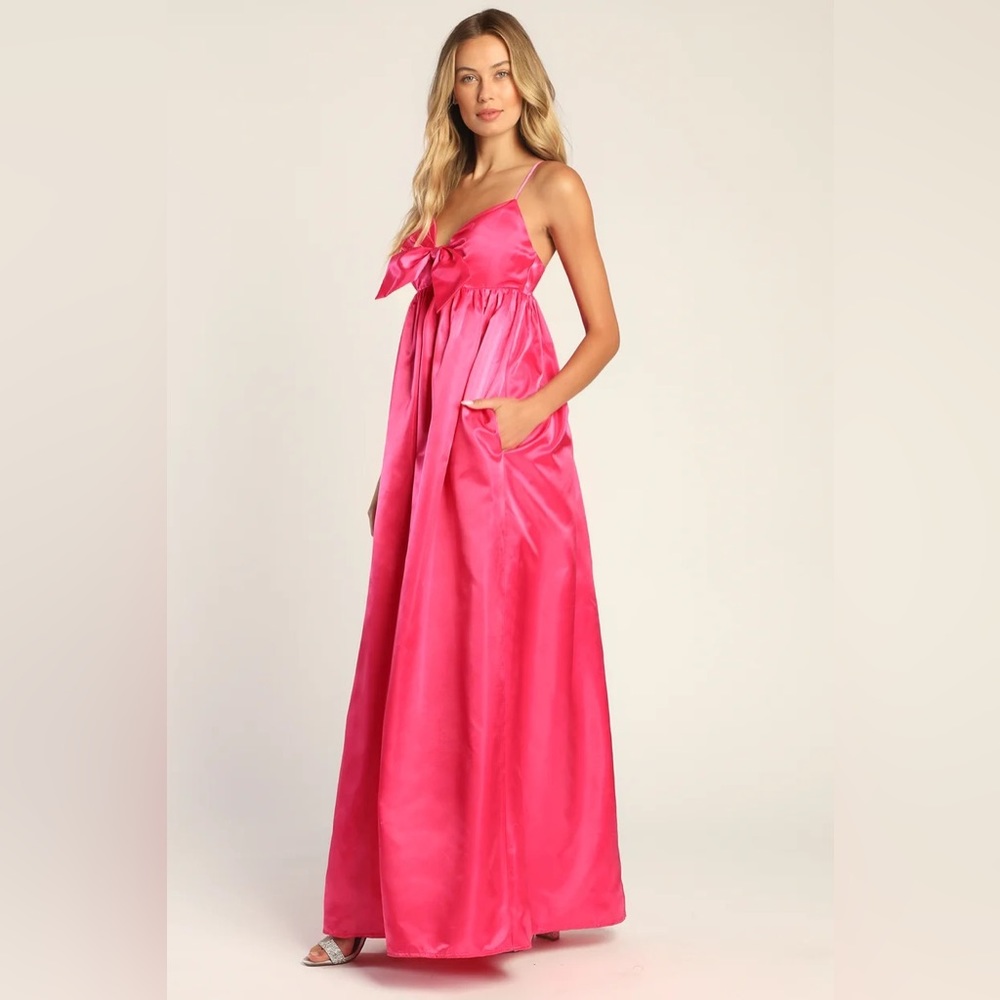 Lulu’s Flirting with Fab Pink Satin Babydoll Maxi Dress w/Pockets Women’s XLarge